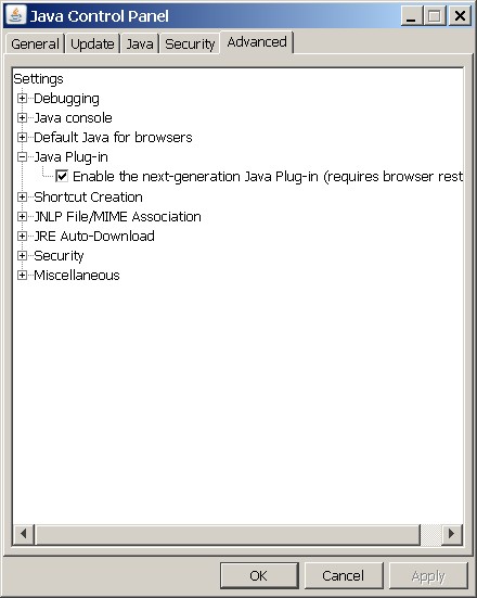 Java コントロールパネルで次世代プラグインを有効にする