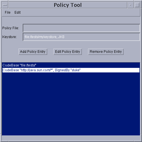 エントリが 2 つ指定されている「Policy Tool」ウィンドウ