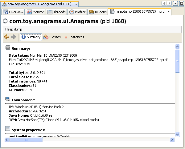 ヒープダンプの「Summary」ビューのスクリーンショット