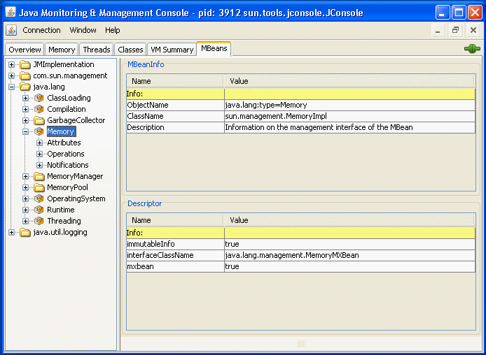 JConsole の「MBean」タブ。