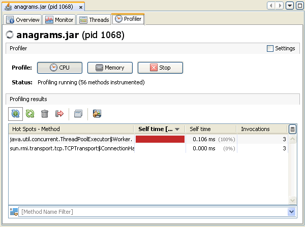 CPU プロファイリングが表示された「Profiler」タブのスクリーンショット