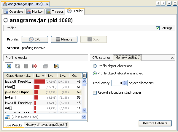 メモリープロファイル設定が表示された「Profiler」タブのスクリーンショット