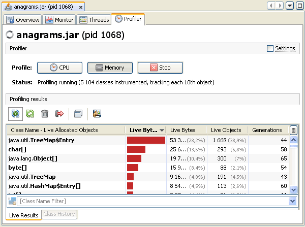 メモリープロファイリングが表示された「Profiler」タブのスクリーンショット